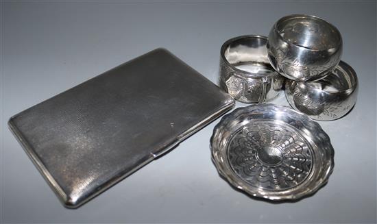 Silver cigarette box & napkin rings